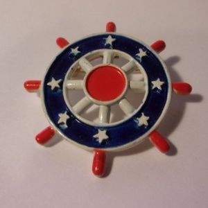 Vtg RNK Red White Blue Ships Wheel Brooch